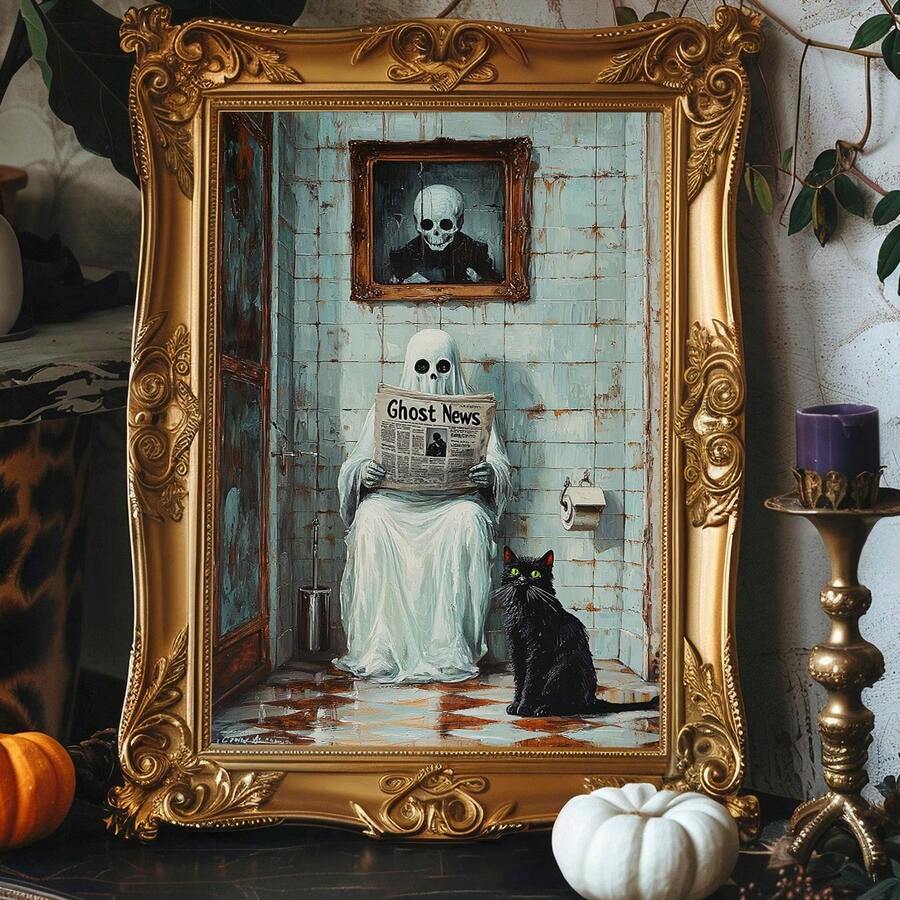 Haunted bathroom decor preview with ghost newspaper and green eyed cat