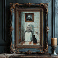 Funny ghost bathroom print with mint tile skull portrait and cat