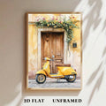 Yellow scooter watercolor wall art with a rustic flower-covered doorway in a sunlit mockup