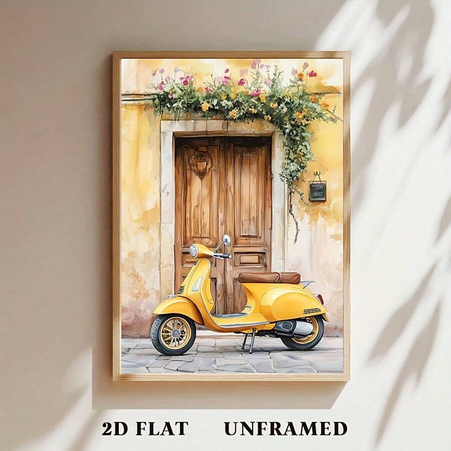 Yellow scooter watercolor wall art with a rustic flower-covered doorway in a sunlit mockup