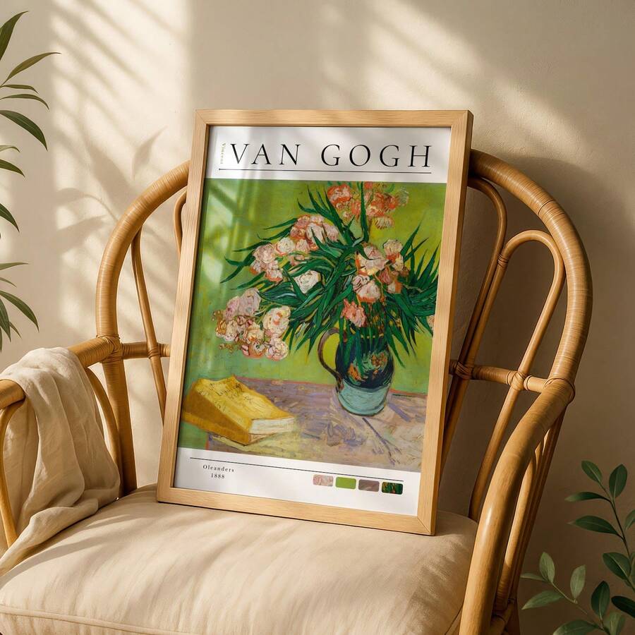 Van Gogh Oleanders poster in wood frame placed on rattan chair