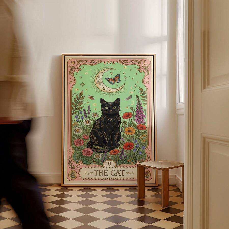 Black cat tarot poster with floral border moon and mystical card design