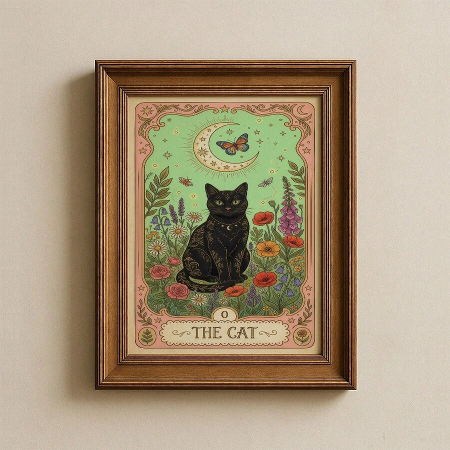 Black cat tarot poster with floral border moon and mystical card design