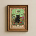 Floral cat wall art shown as cute witchy botanical poster print