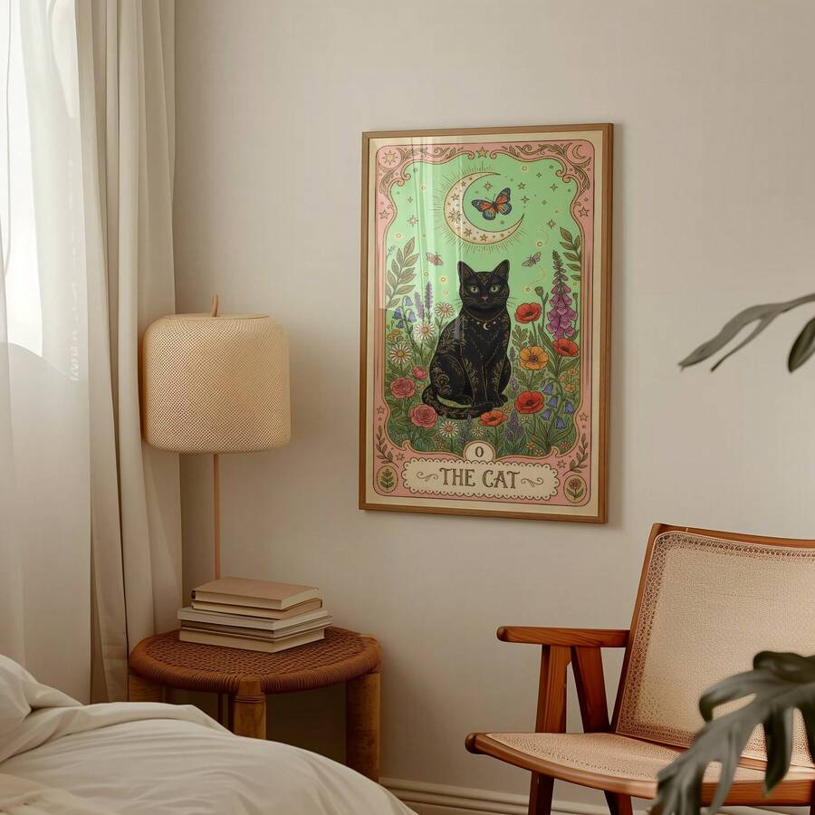 Witchy cat print with black cat flowers and vintage tarot style
