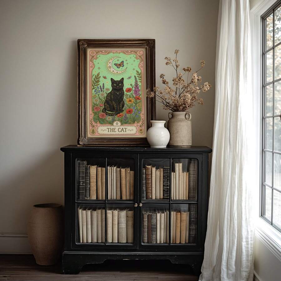 Cute black cat poster mockup for bedroom dorm or gallery wall decor