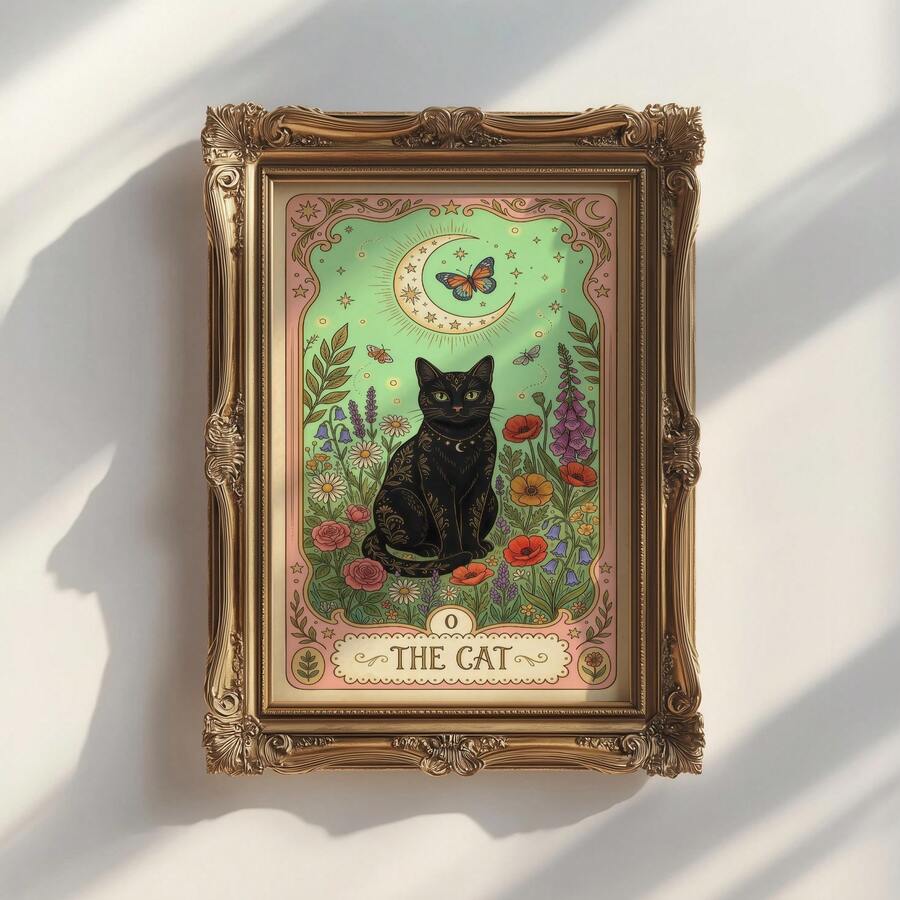 Tarot card wall art preview with soft pastel color and gothic cat charm