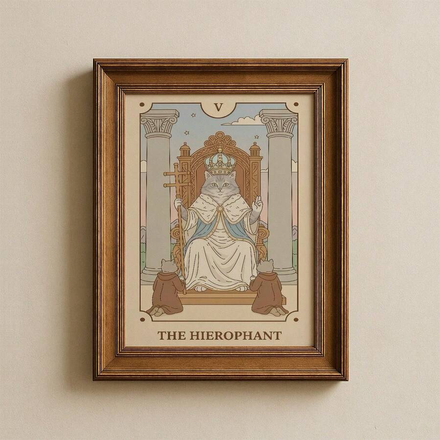 Mystical cat poster preview with boho tarot line art and light wood frame
