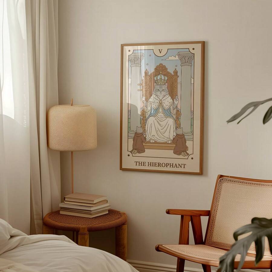 Hierophant cat art with robed cats cream colors and soft occult style