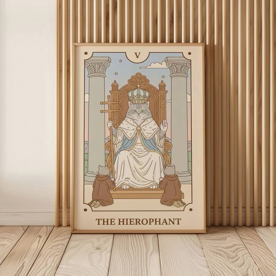 Cat tarot print with Hierophant cat on throne and vintage card design