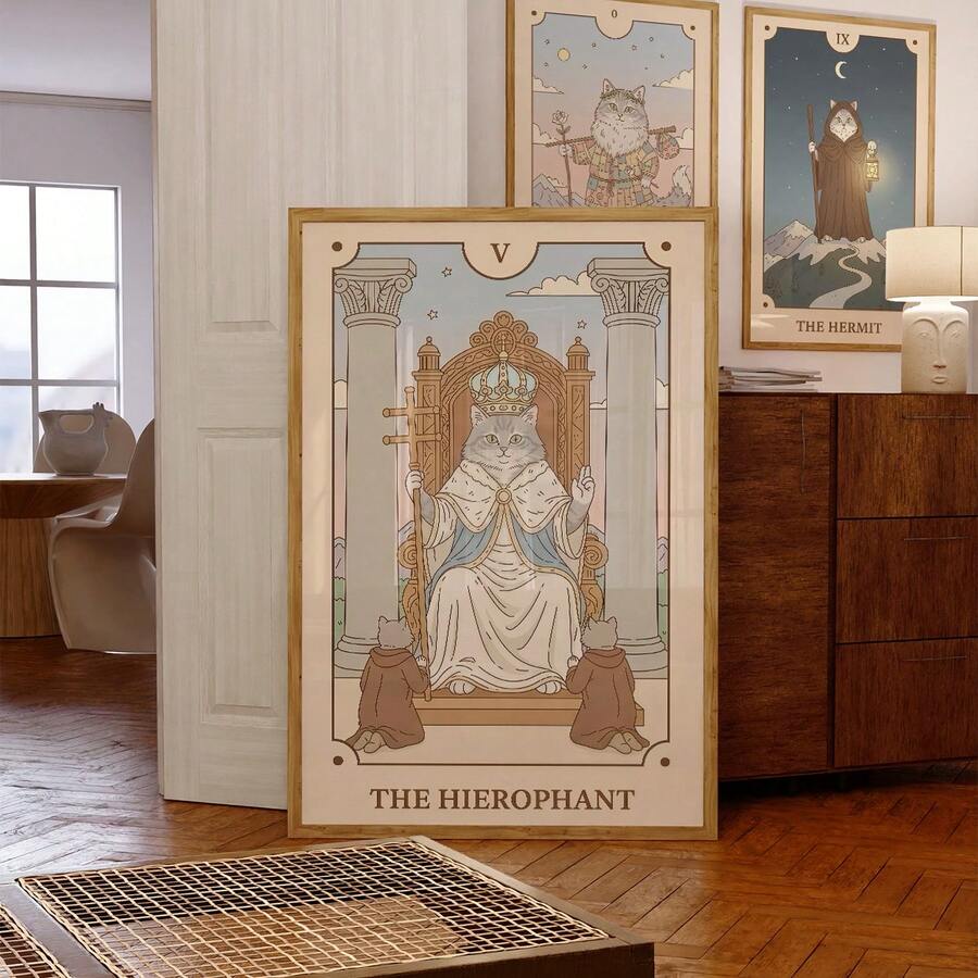 Cat tarot print with Hierophant cat on throne and vintage card design