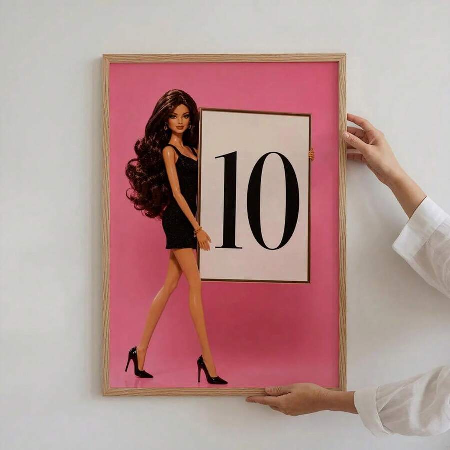 Pink fashion doll scoreboard poster showing doll in black dress holding large 10 card