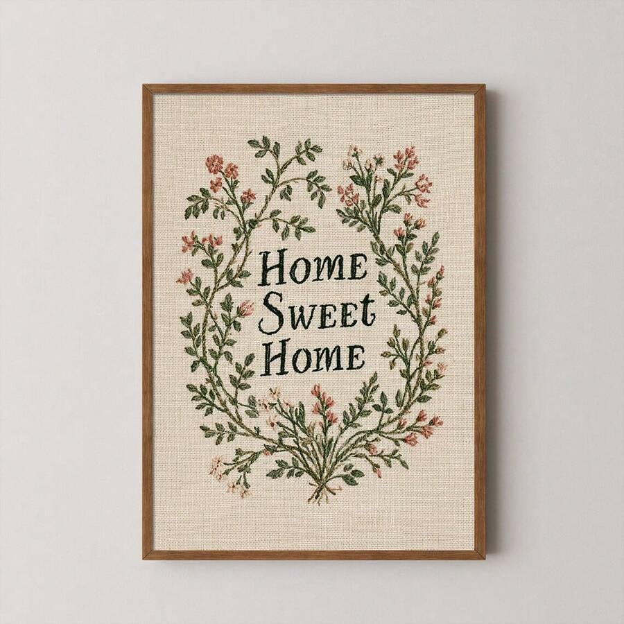 Framed Home Sweet Home wall art with green floral wreath on beige linen style background