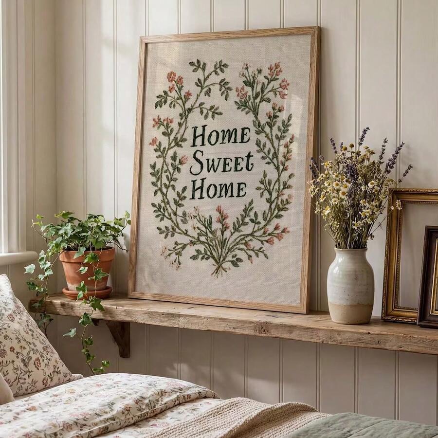 Framed Home Sweet Home wall art with green floral wreath on beige linen style background