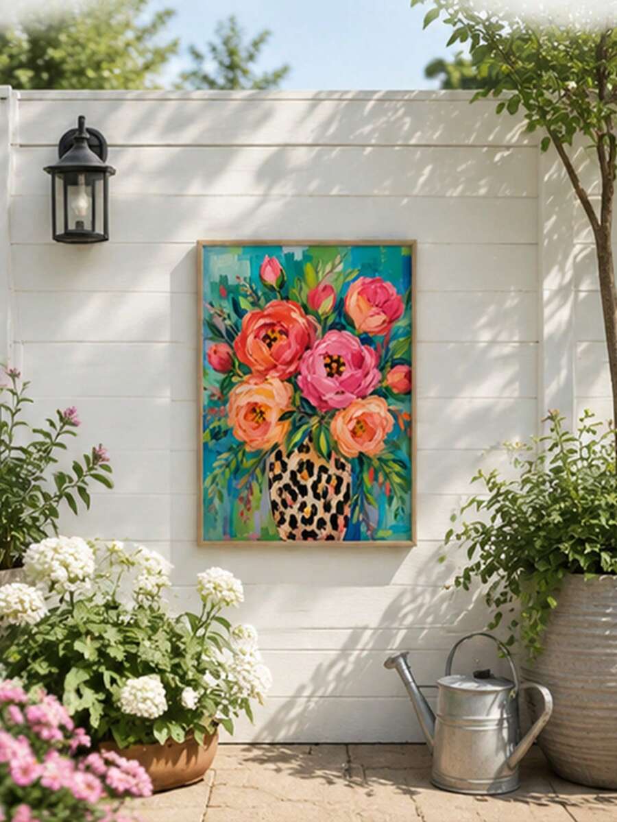 Colorful pink roses in leopard print vase canvas wall art