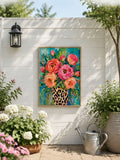 Maximalist floral painting with teal background and leopard vase