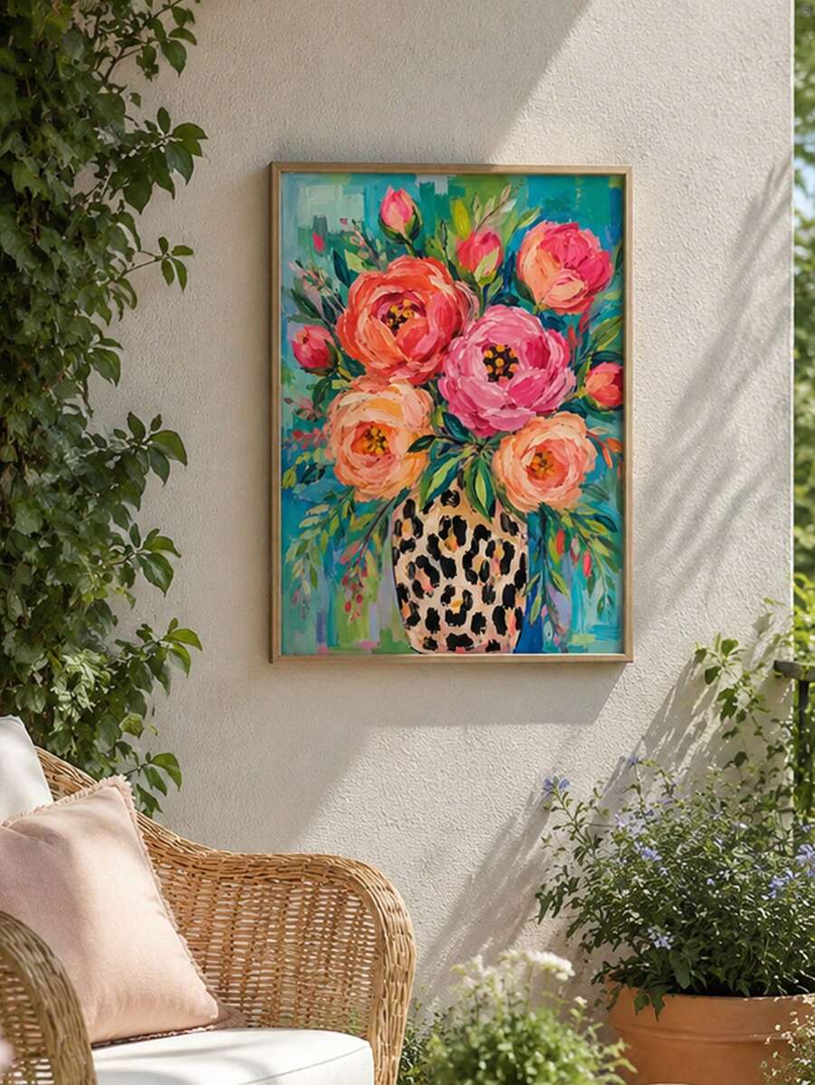 Colorful pink roses in leopard print vase canvas wall art