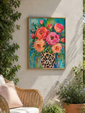 Colorful pink roses in leopard print vase canvas wall art