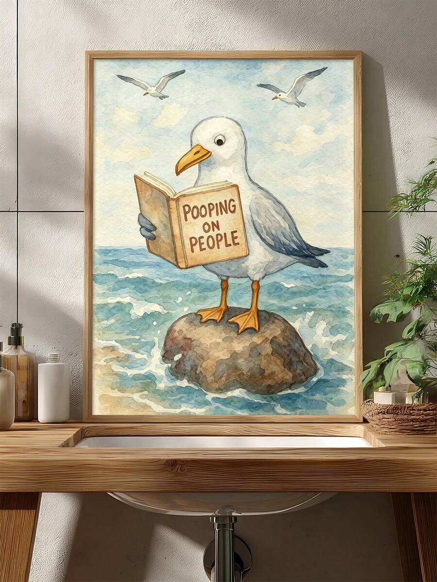Coastal bathroom wall art shown with ocean scene rock and flying gulls