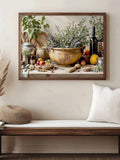 Italian kitchen still life wall art above bench