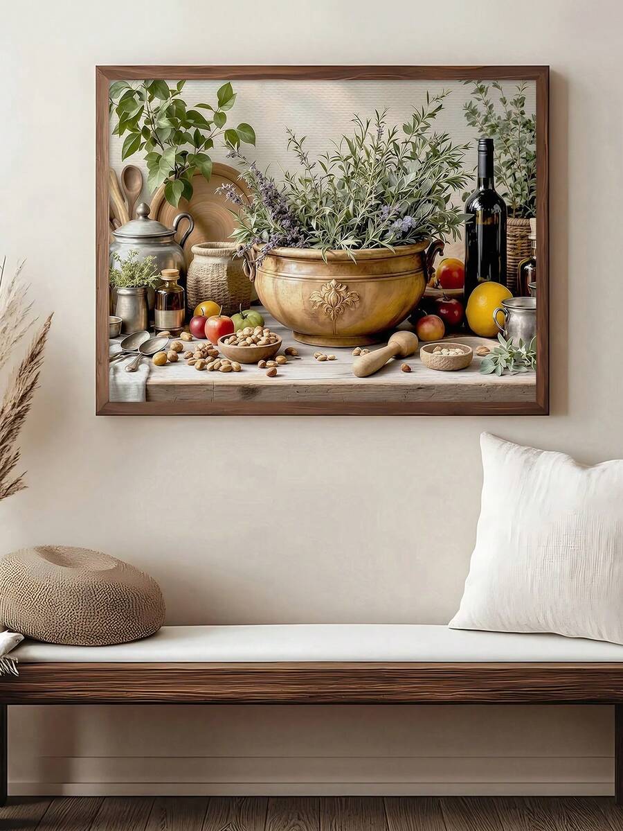 Italian kitchen still life wall art above bench