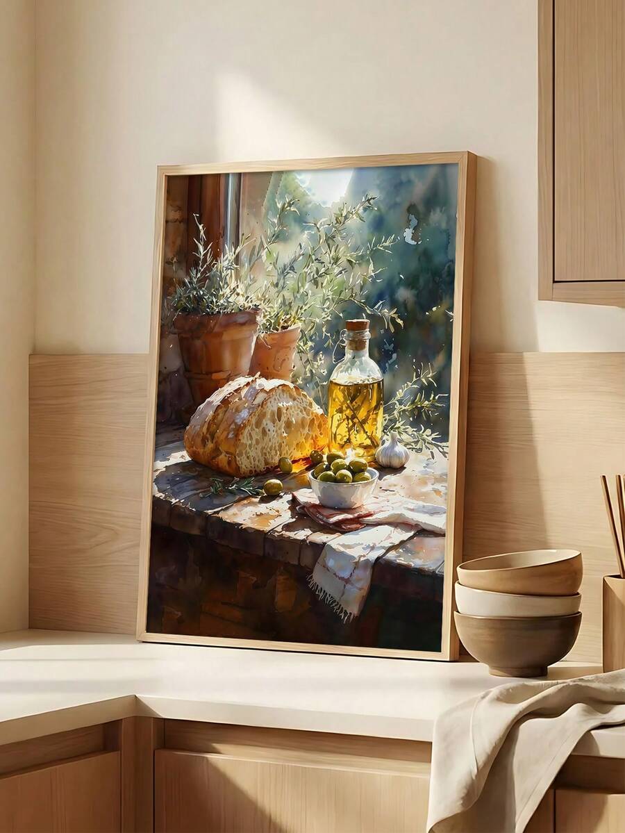 Rustic bread olive oil canvas on wood counter