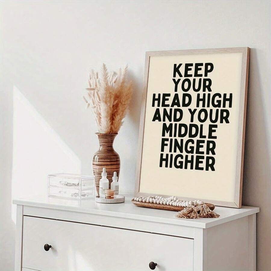 Pale taupe frame mockup of confidence quote canvas poster on a white dresser