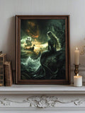 Mermaid watching a sailing ship on a green-black storm sea in a wood frame with books and candles