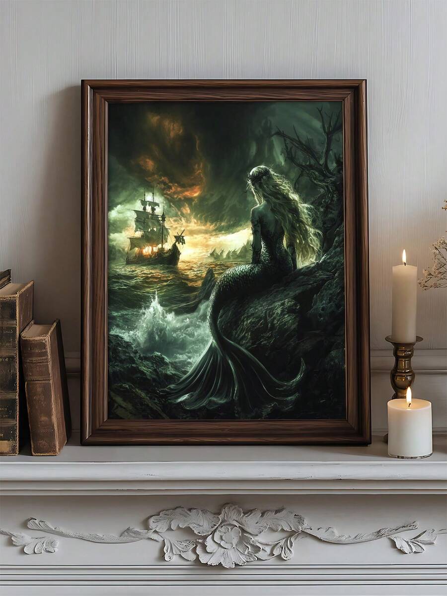 Mermaid watching a sailing ship on a green-black storm sea in a wood frame with books and candles