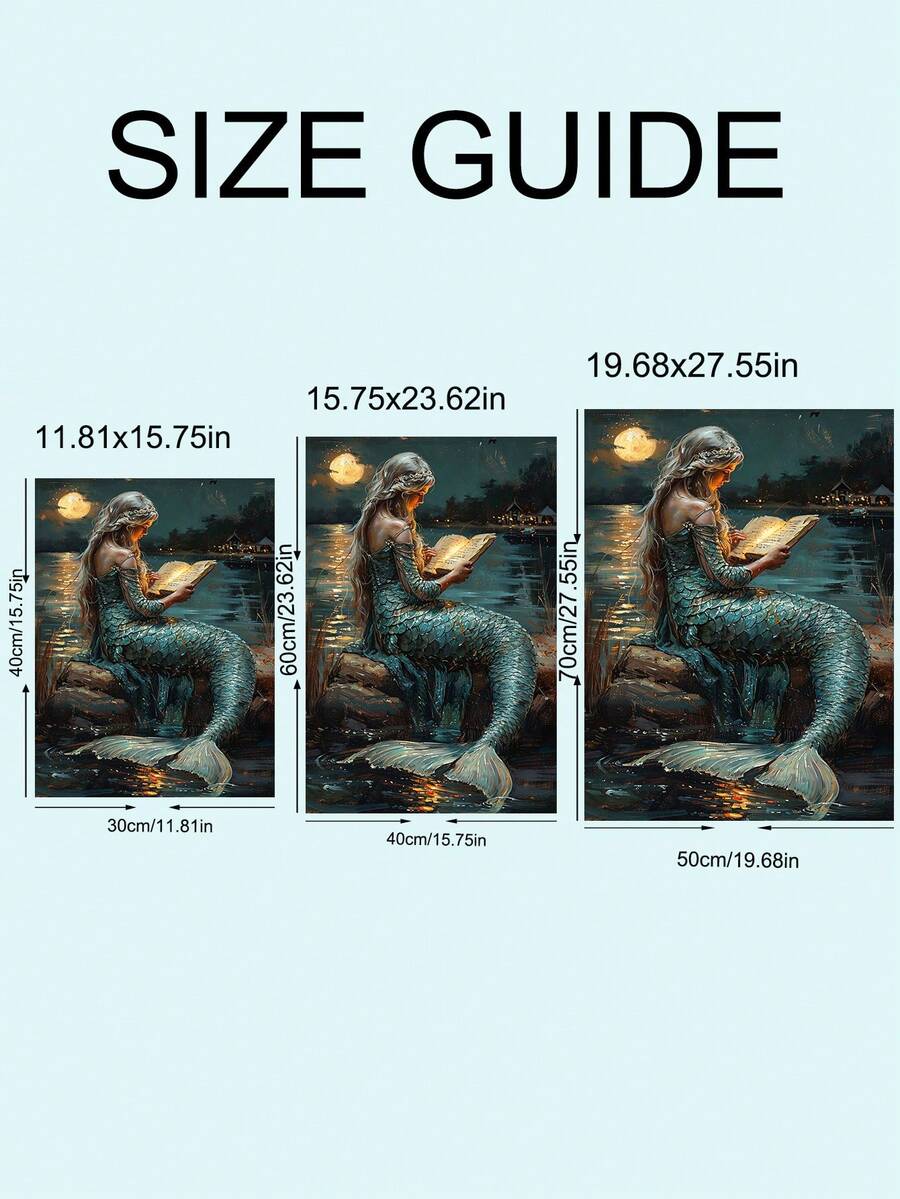 Size guide for gothic mermaid canvas art in 30 by 40, 40 by 60, and 50 by 70 cm