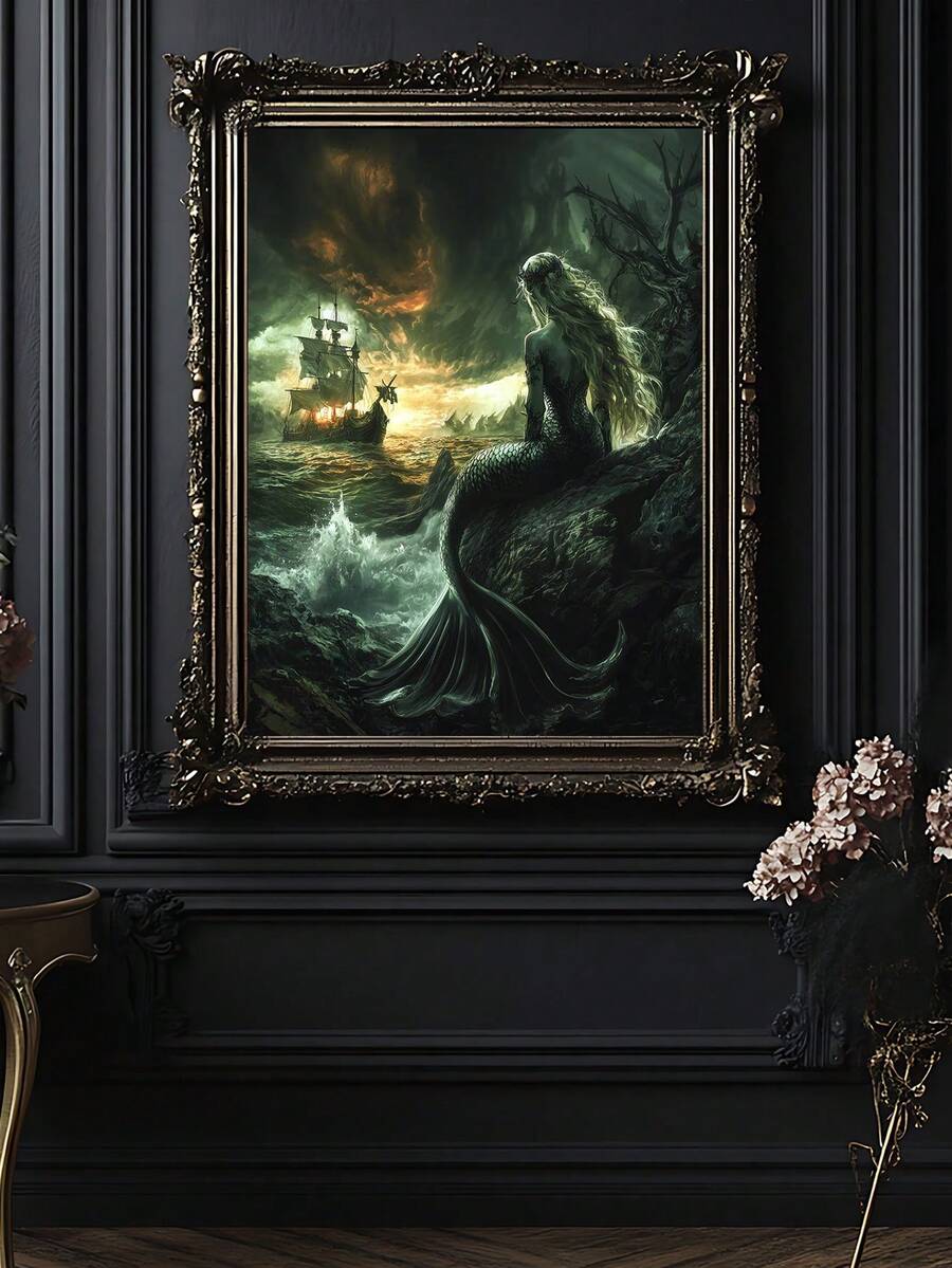 Mermaid facing a pirate-style sailing ship amid storm waves in a dark gothic interior
