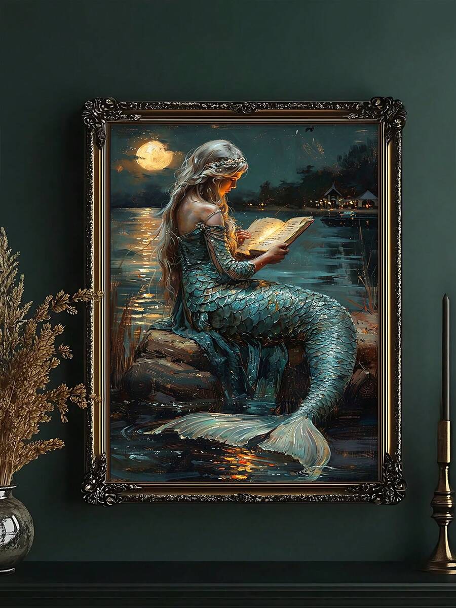 Teal mermaid reading beside a full moon in a black ornate frame on a gothic shelf