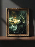 Mermaid watching a sailing ship on a stormy green sea in an ornate gold frame
