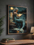 Teal mermaid reading by moonlight in a wood frame beside books and a lamp