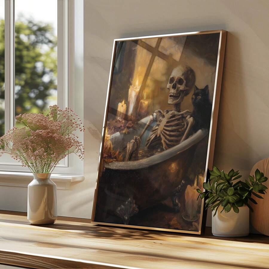 Macabre canvas print with cozy spooky skeleton bath scene
