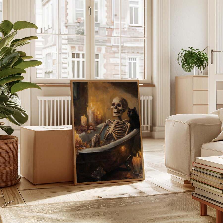 Gothic bathroom art print shown with candlelit Victorian spooky mood