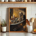 Black cat wall art with skeleton in clawfoot bathtub and autumn leaves