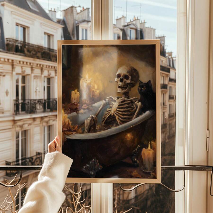 Skeleton bathtub canvas mockup in light wood frame for dark decor