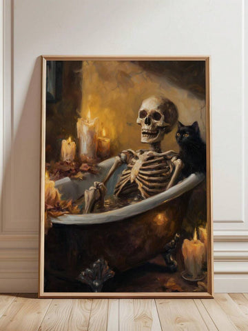 Dark academia skeleton bathtub canvas with black cat and candles