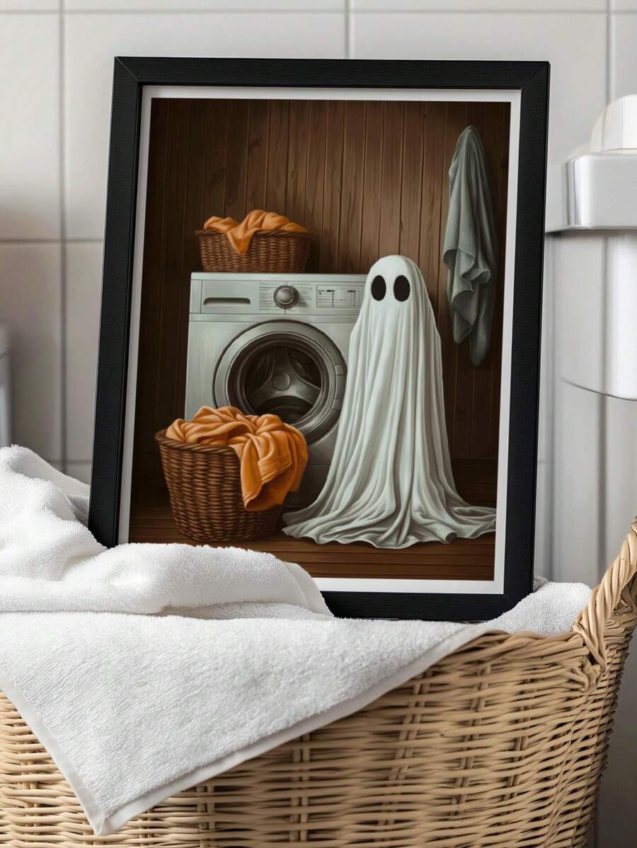Cute ghost laundry room canvas with vintage washing machine and baskets