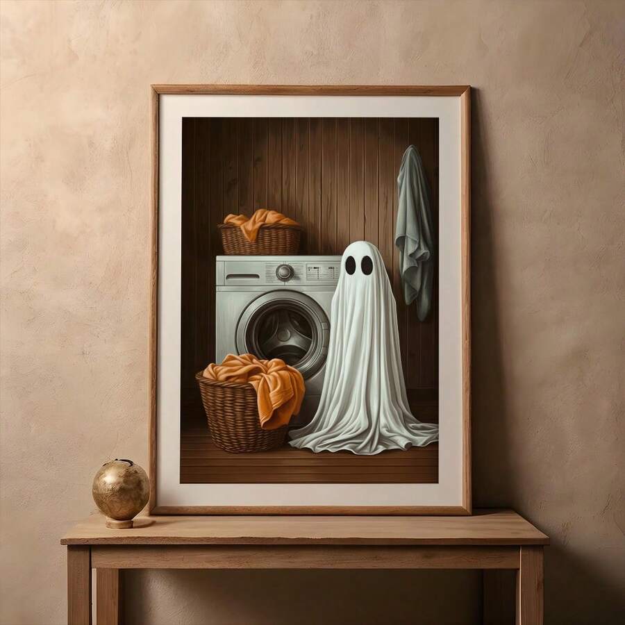 Whimsical ghost poster mockup for laundry room mudroom or seasonal shelf