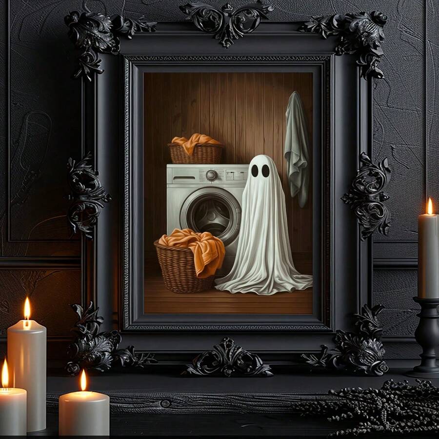 Halloween laundry print preview with warm cottage spooky room style