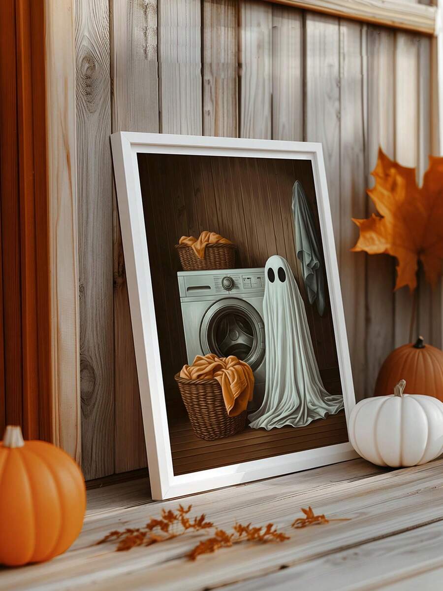 Cute ghost laundry room canvas with vintage washing machine and baskets