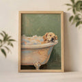 Golden retriever relaxing in bubble bath on sage green watercolor wall art print