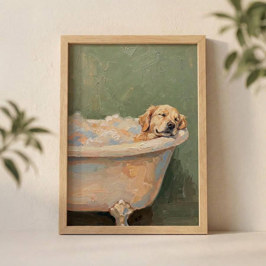 Golden retriever relaxing in bubble bath on sage green watercolor wall art print