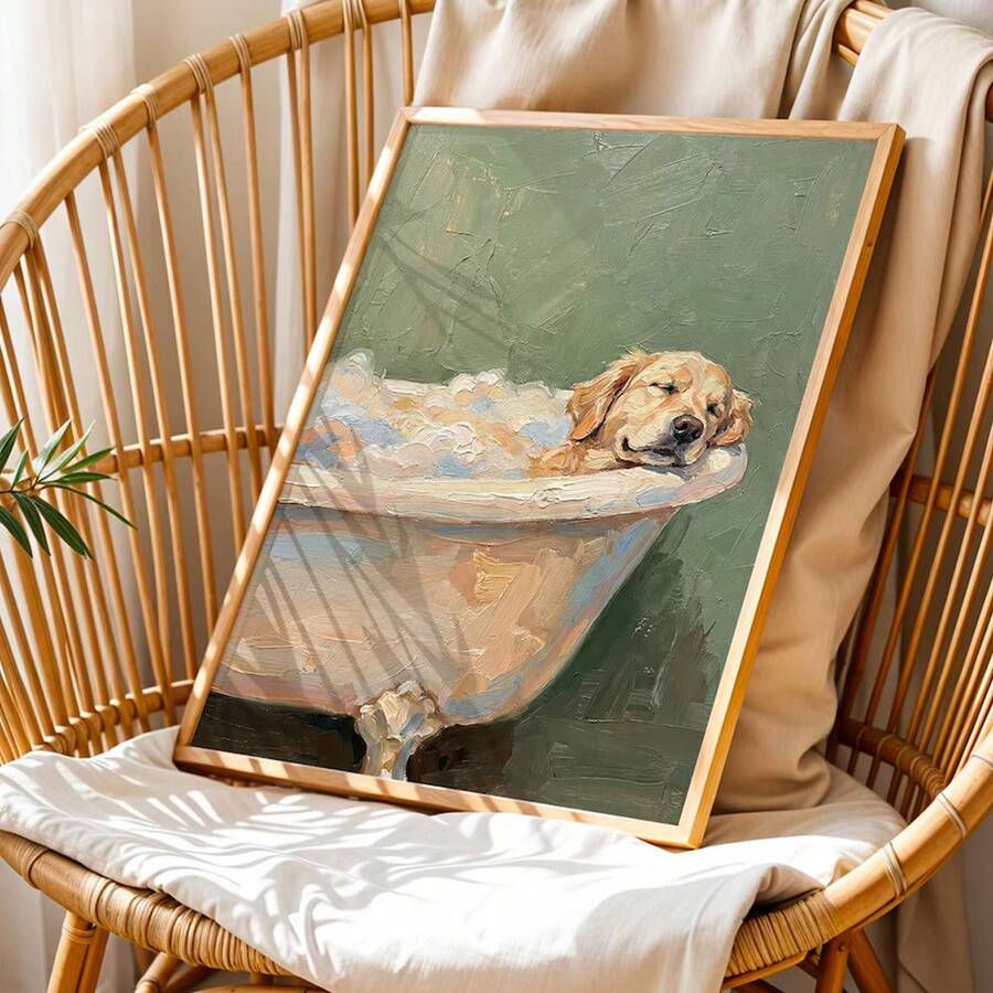 Watercolor dog in clawfoot bathtub canvas poster for bathroom decor