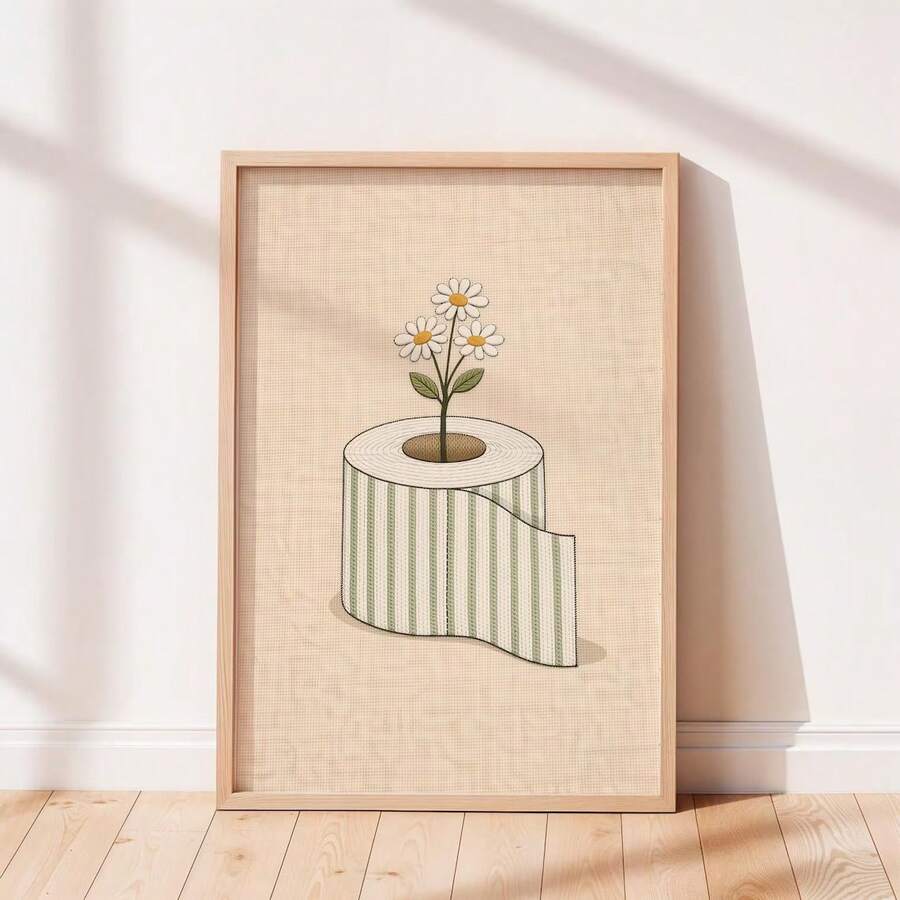 Funny floral bathroom wall art on linen texture background