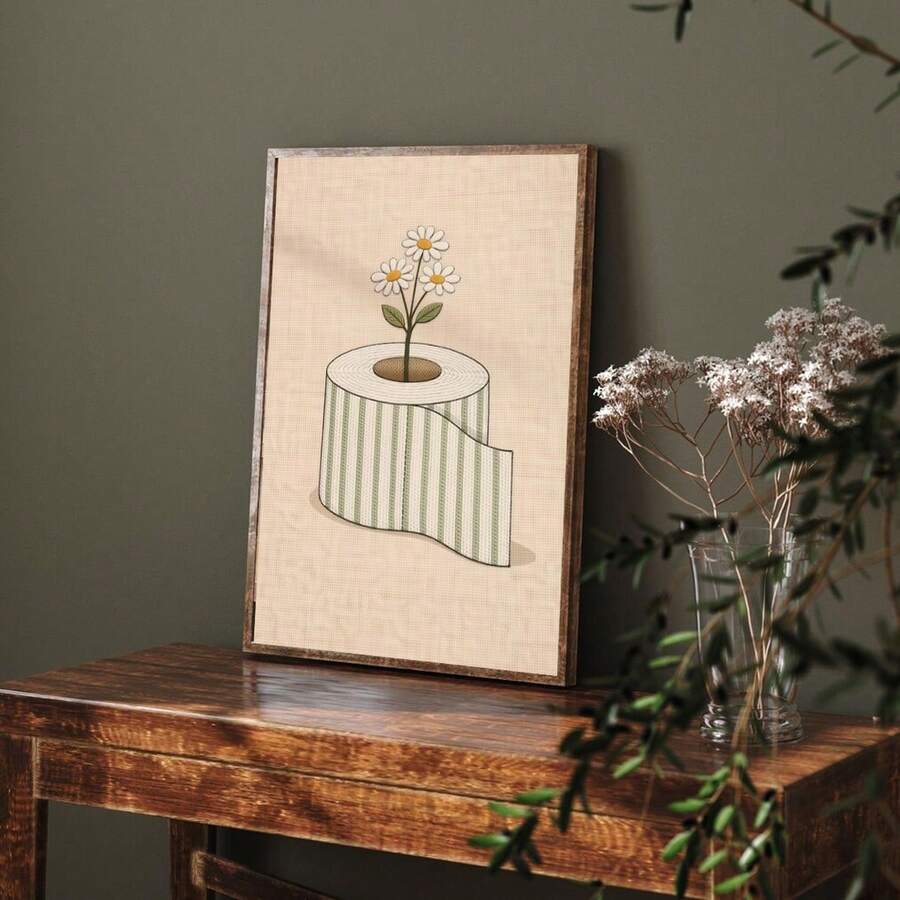 Cottagecore toilet paper flower poster in wood frame