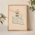 Whimsical bathroom print with daisies growing from toilet paper roll