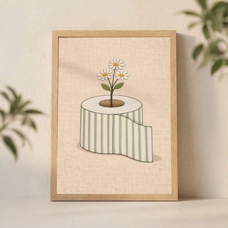 Whimsical bathroom print with daisies growing from toilet paper roll